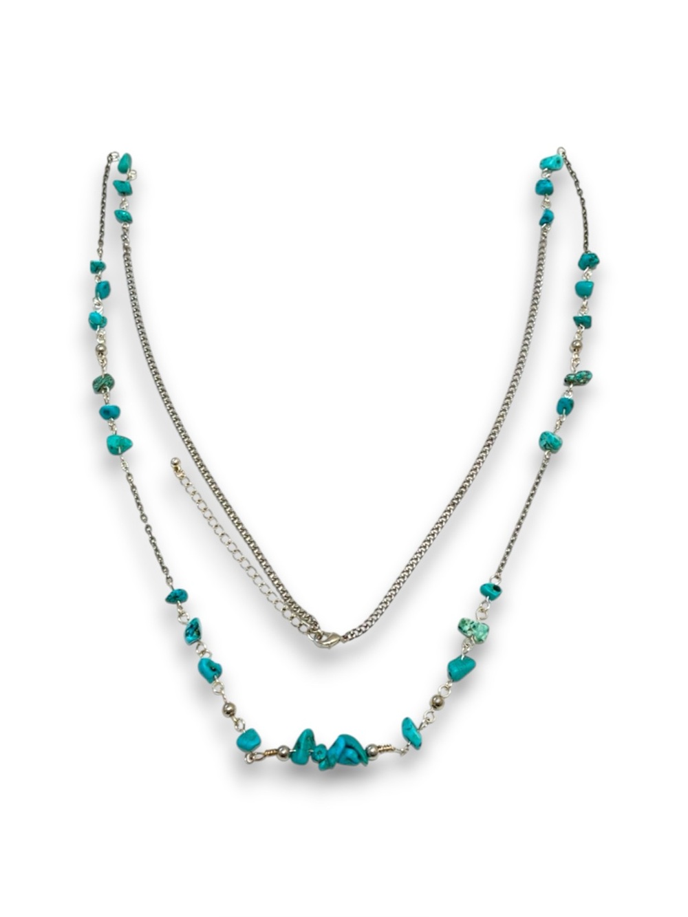 Handmade Turquoise & Silver Color Rope Necklace 47 Inch Beaded Chain